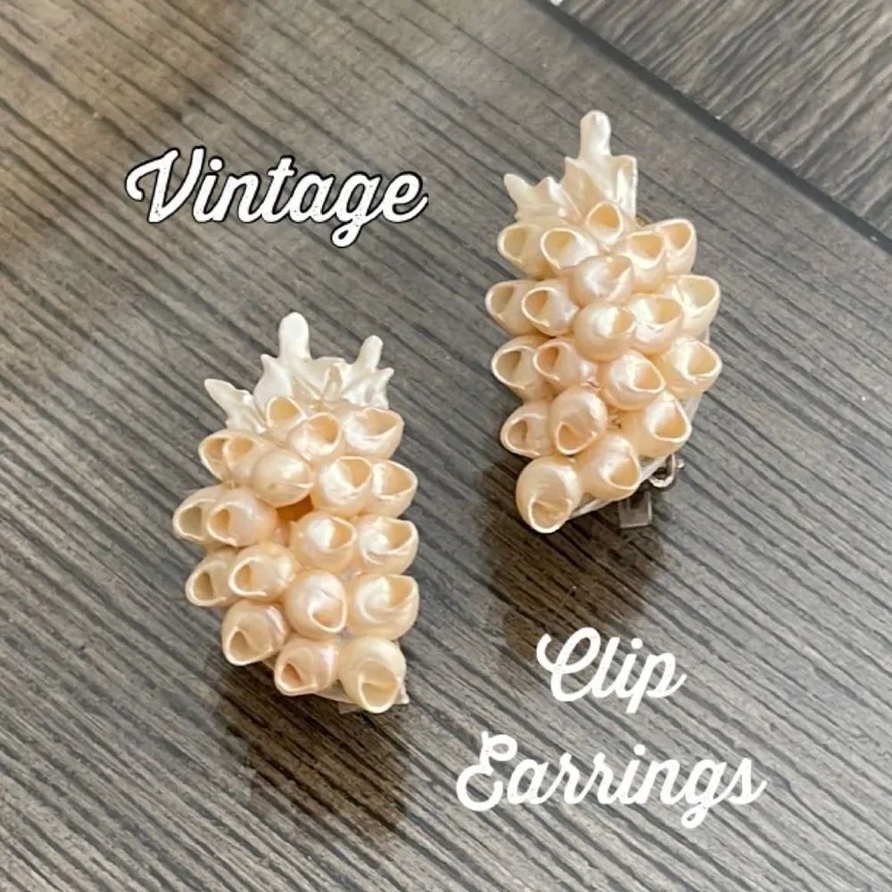 Vintage Tiny Pearlized Seashell Cluster Clip Earrings